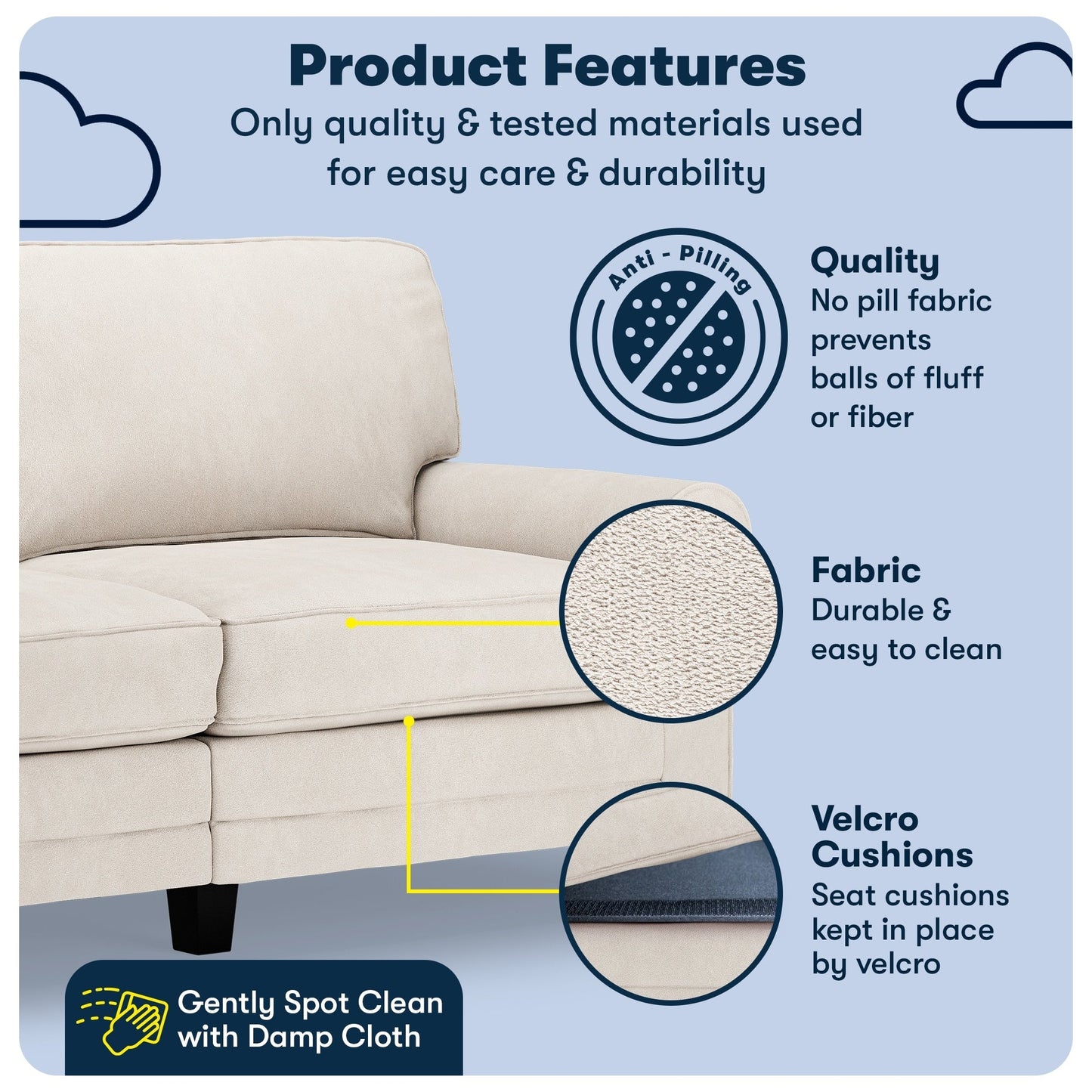 Serta Copenhagen 73 Rolled Arm Sofa, Easy Care Polyester, Soft Pillow Back, Pocket Coil Seat Cushions