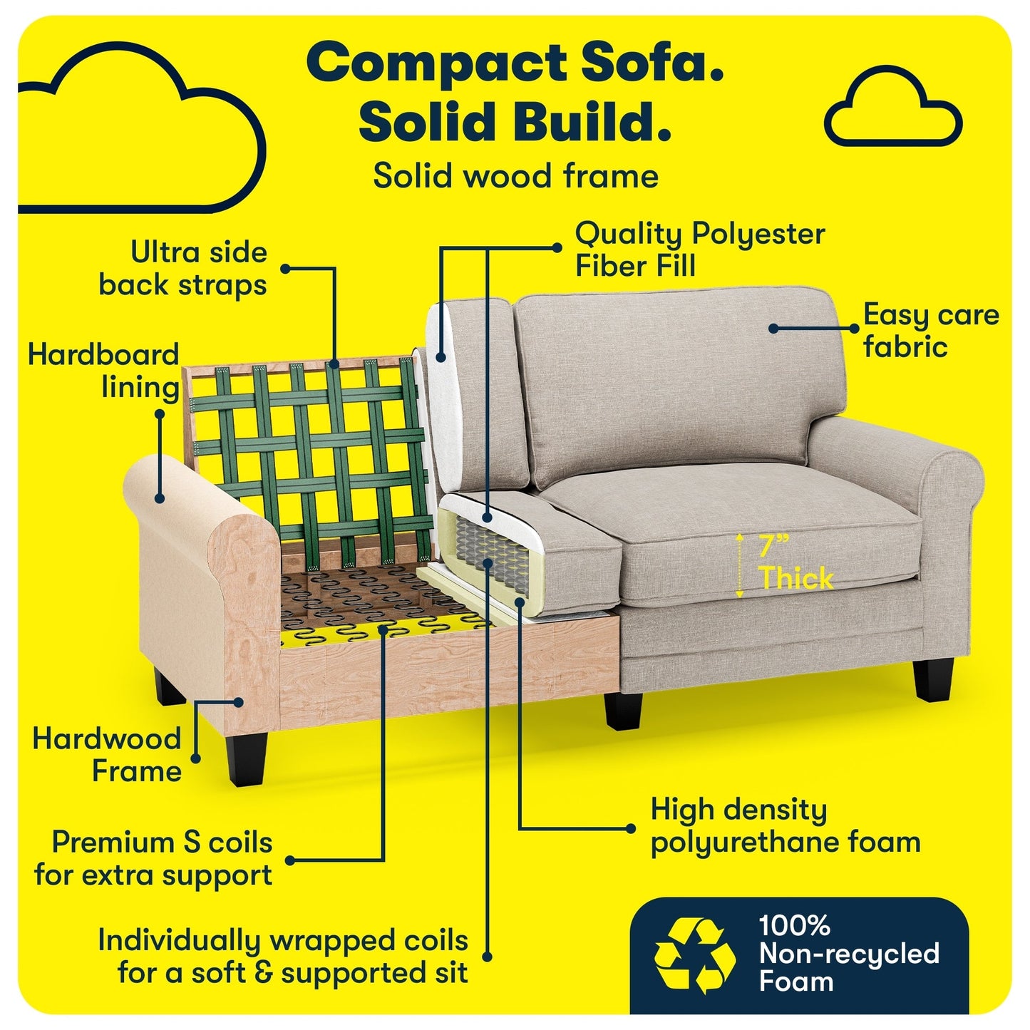 Serta Copenhagen 73 Rolled Arm Sofa, Easy Care Polyester, Soft Pillow Back, Pocket Coil Seat Cushions