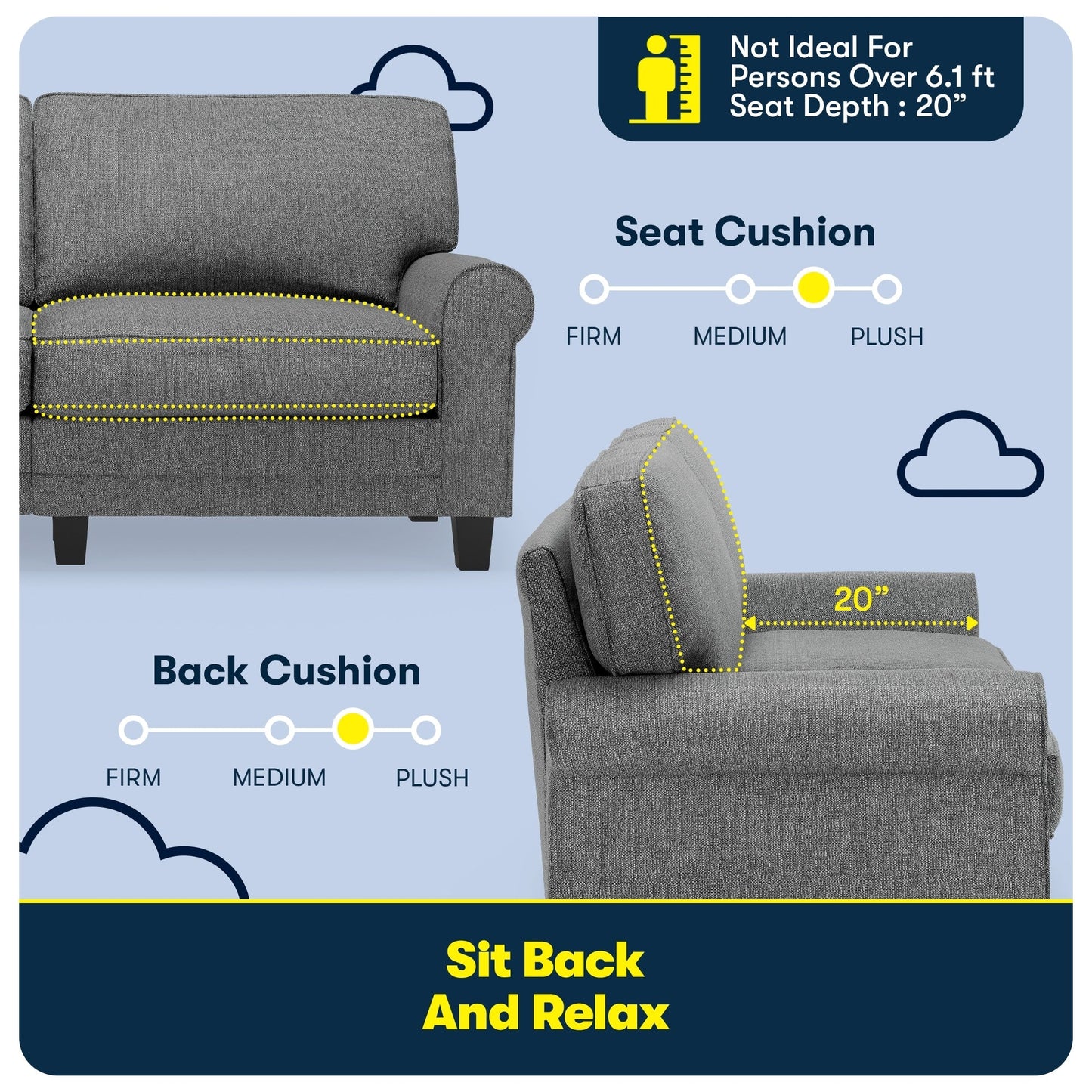 Serta Copenhagen 73 Rolled Arm Sofa, Easy Care Polyester, Soft Pillow Back, Pocket Coil Seat Cushions