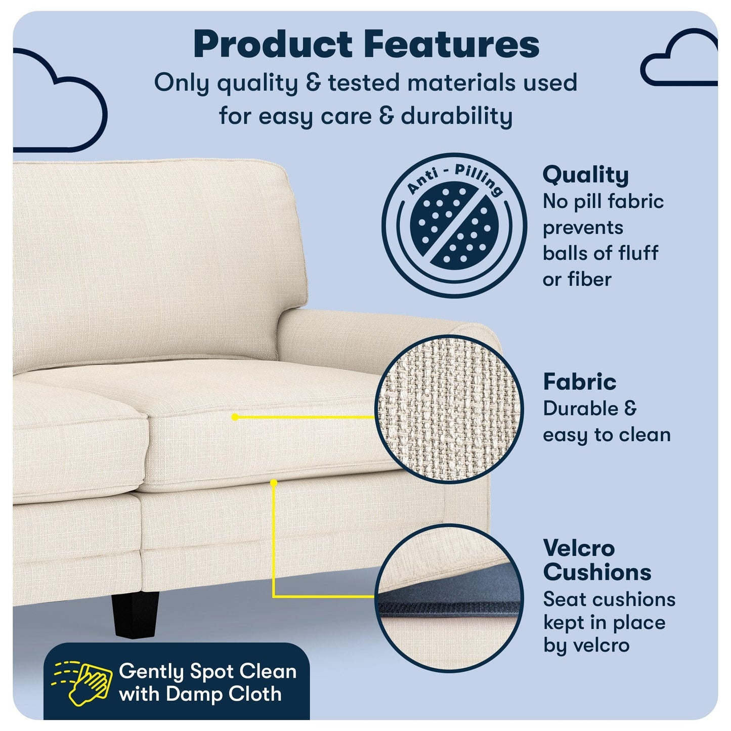 Serta Copenhagen 73 Rolled Arm Sofa, Easy Care Polyester, Soft Pillow Back, Pocket Coil Seat Cushions