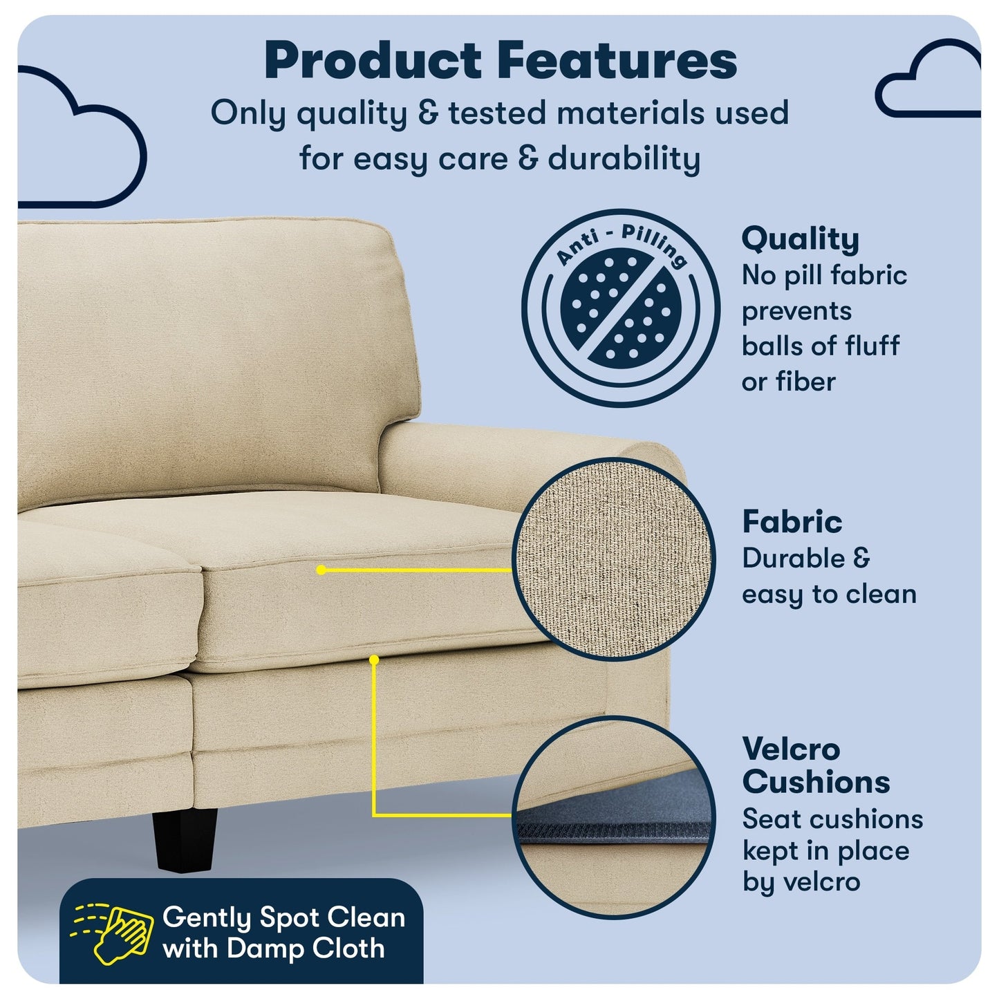 Serta Copenhagen 73 Rolled Arm Sofa, Easy Care Polyester, Soft Pillow Back, Pocket Coil Seat Cushions