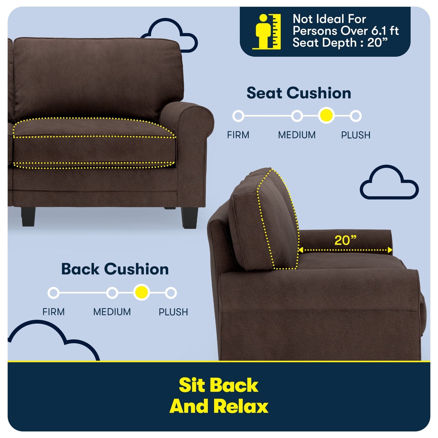 Serta Copenhagen 73 Rolled Arm Sofa, Easy Care Polyester, Soft Pillow Back, Pocket Coil Seat Cushions