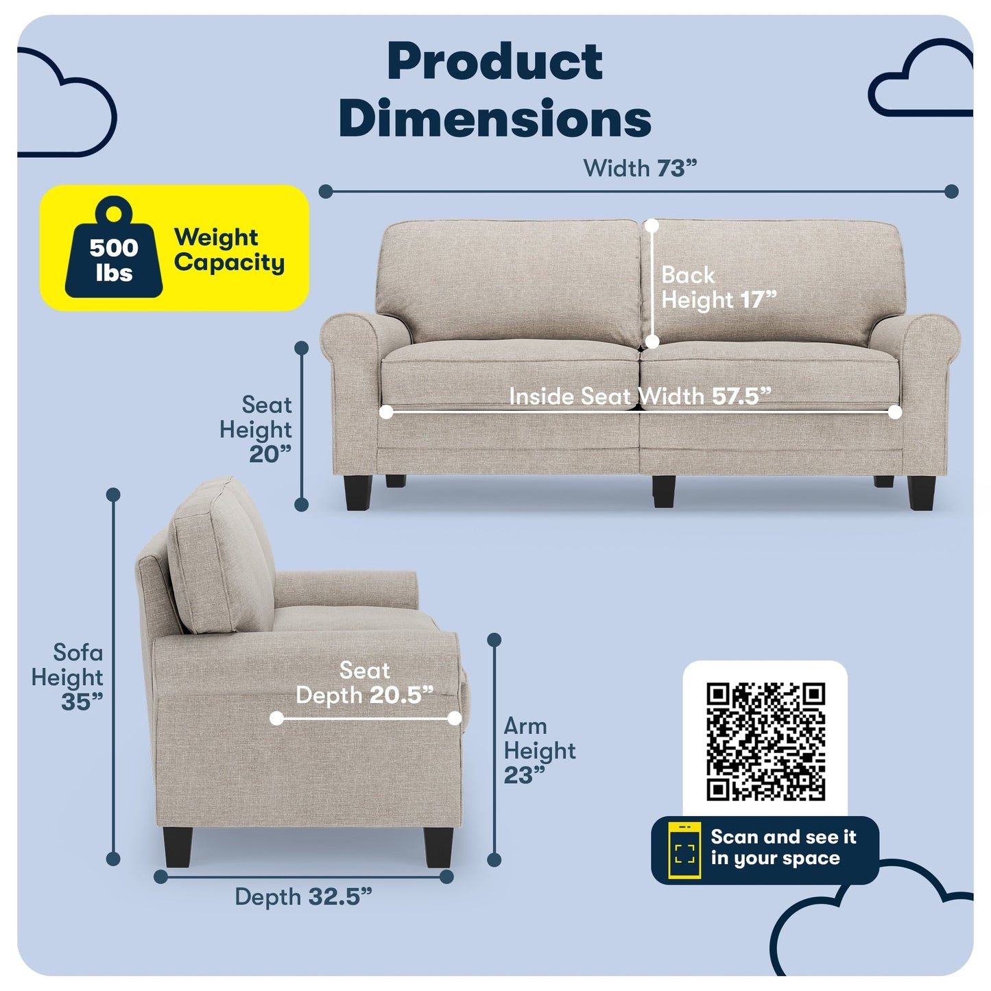 Serta Copenhagen 73 Rolled Arm Sofa, Easy Care Polyester, Soft Pillow Back, Pocket Coil Seat Cushions