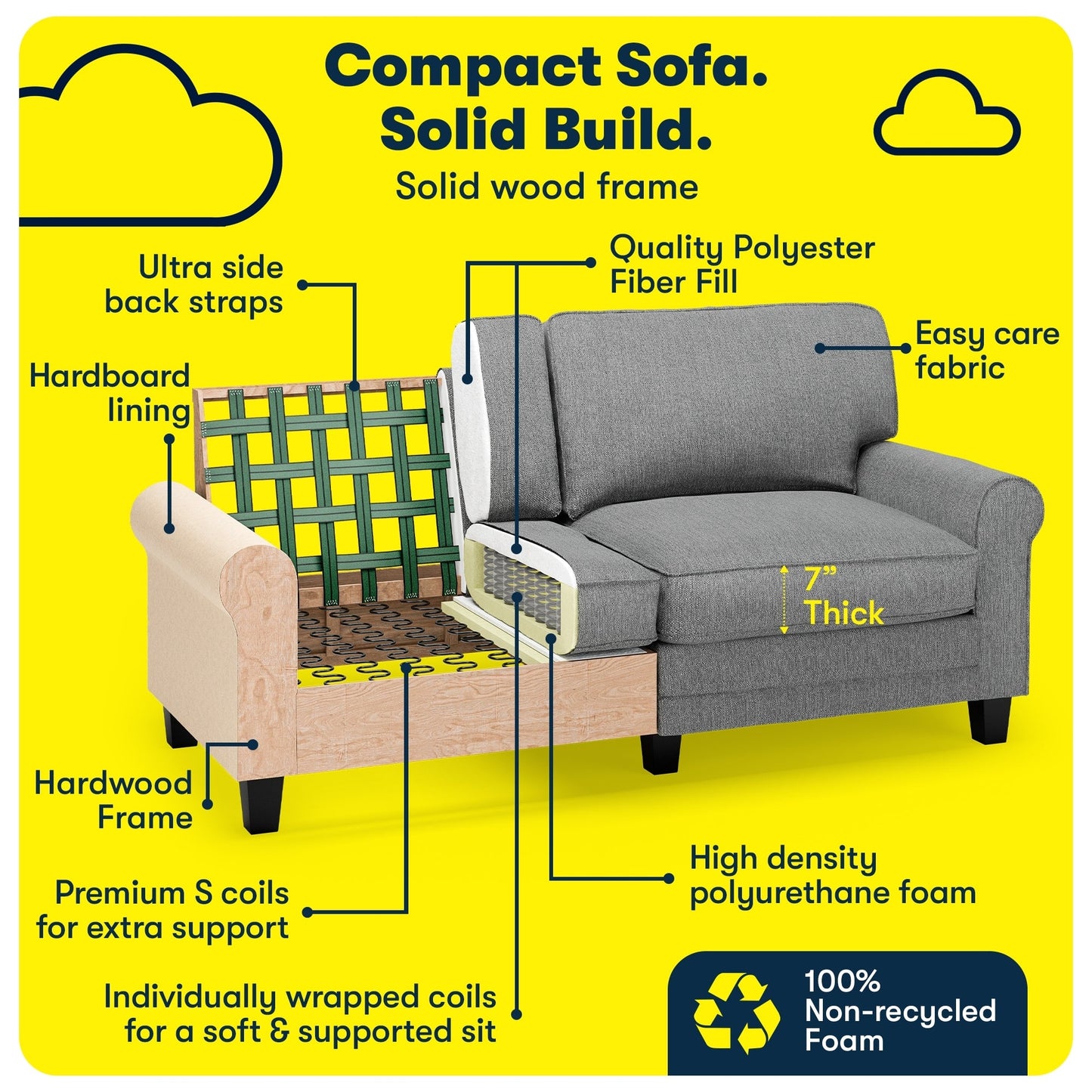 Serta Copenhagen 73 Rolled Arm Sofa, Easy Care Polyester, Soft Pillow Back, Pocket Coil Seat Cushions