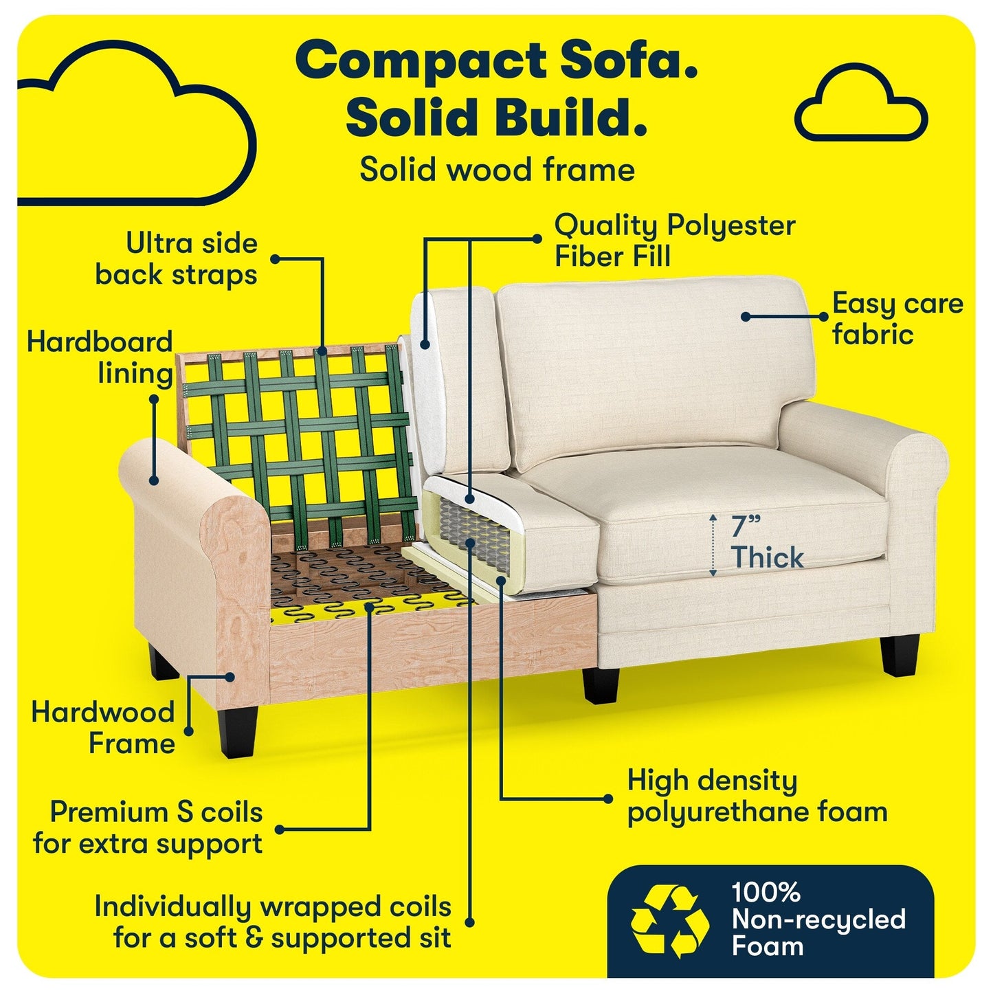 Serta Copenhagen 73 Rolled Arm Sofa, Easy Care Polyester, Soft Pillow Back, Pocket Coil Seat Cushions
