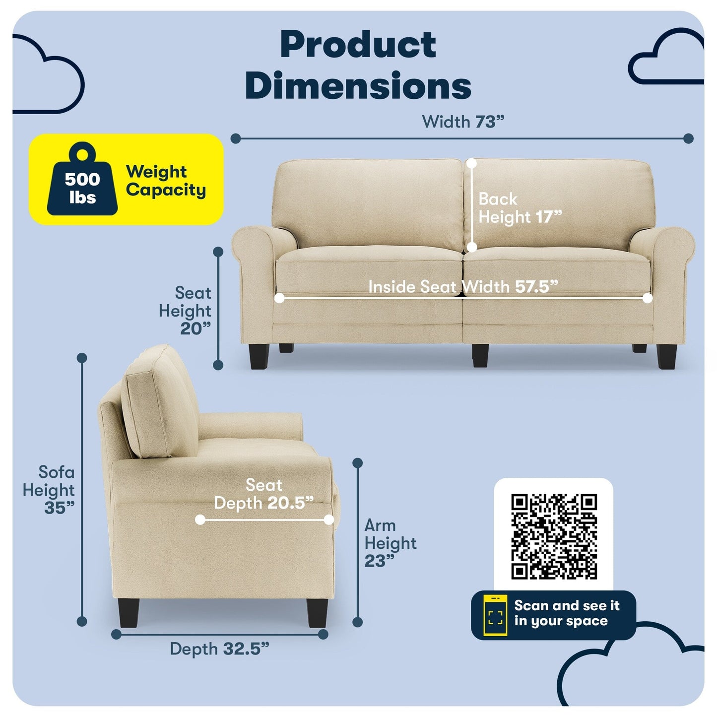 Serta Copenhagen 73 Rolled Arm Sofa, Easy Care Polyester, Soft Pillow Back, Pocket Coil Seat Cushions