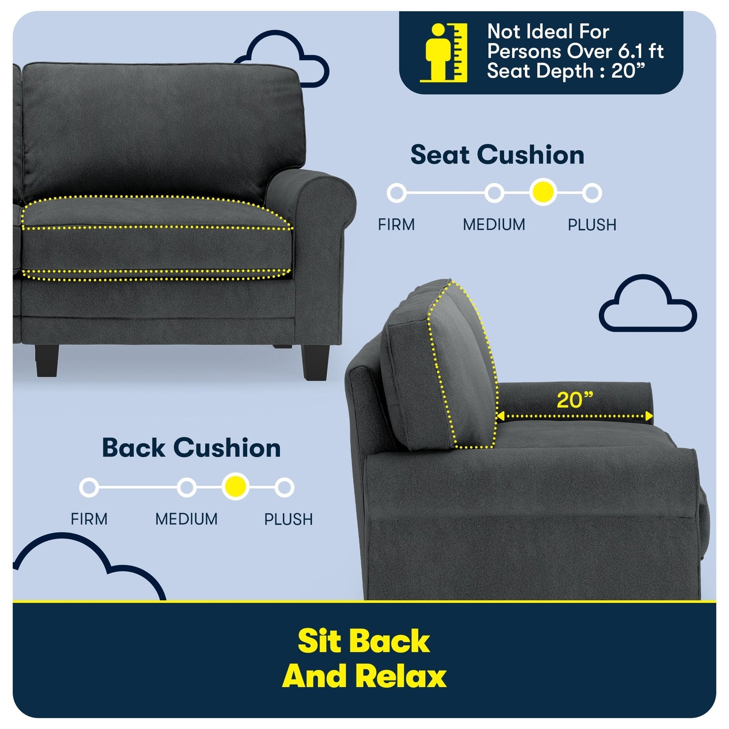 Serta Copenhagen 73 Rolled Arm Sofa, Easy Care Polyester, Soft Pillow Back, Pocket Coil Seat Cushions
