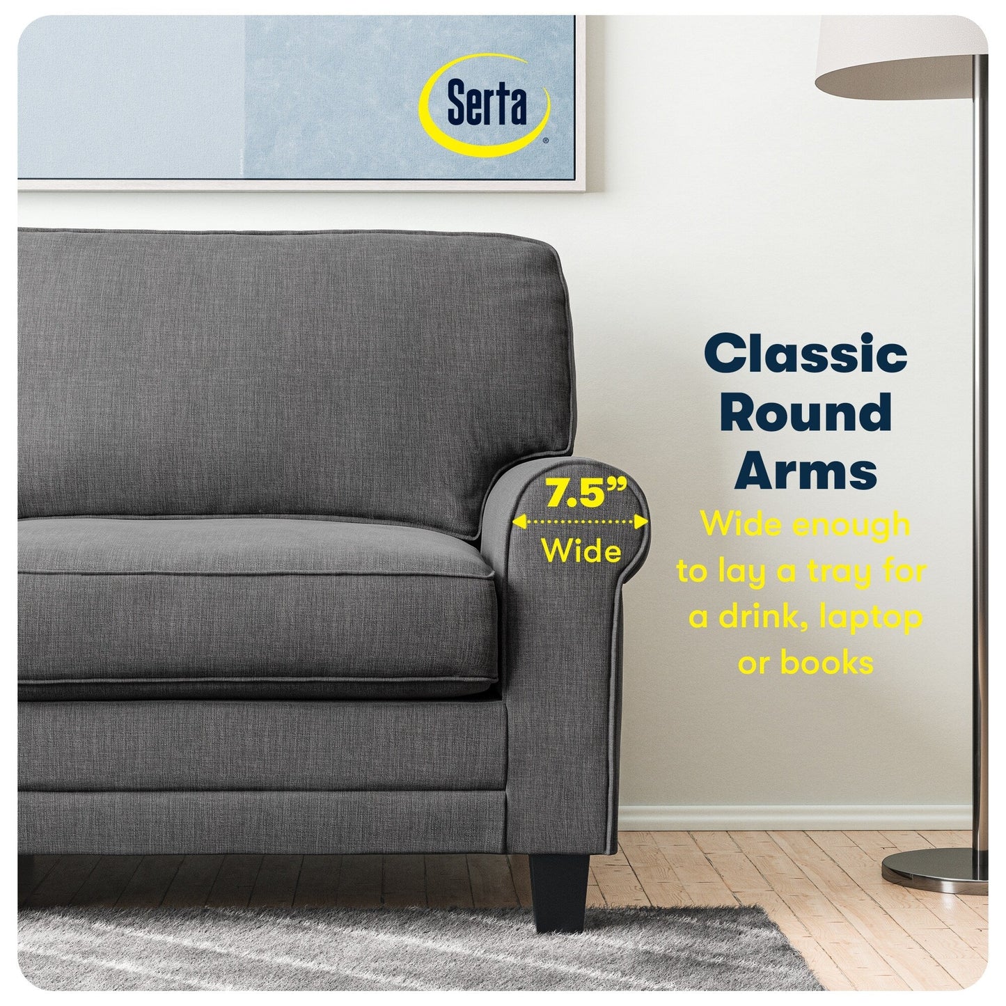 Serta Copenhagen 73 Rolled Arm Sofa, Easy Care Polyester, Soft Pillow Back, Pocket Coil Seat Cushions
