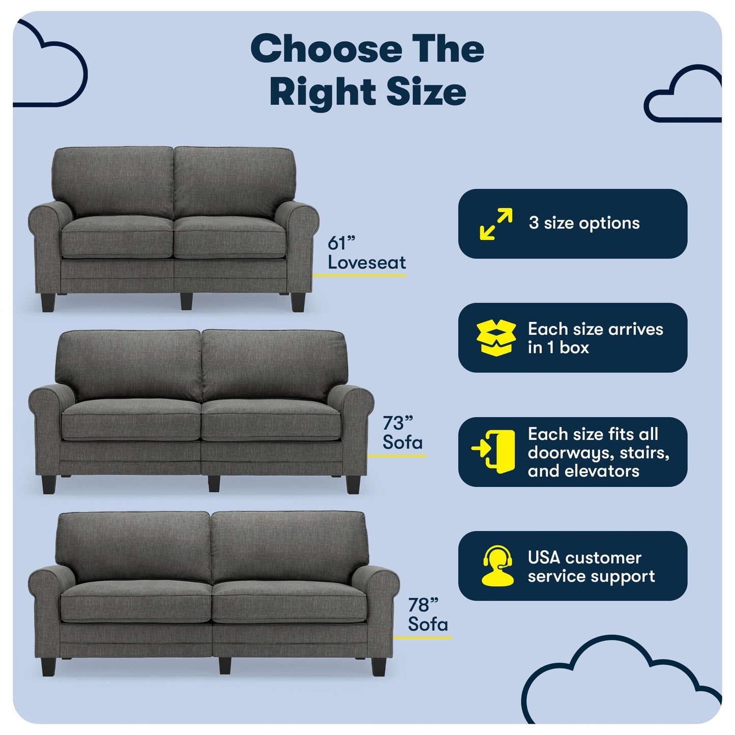 Serta Copenhagen 73 Rolled Arm Sofa, Easy Care Polyester, Soft Pillow Back, Pocket Coil Seat Cushions