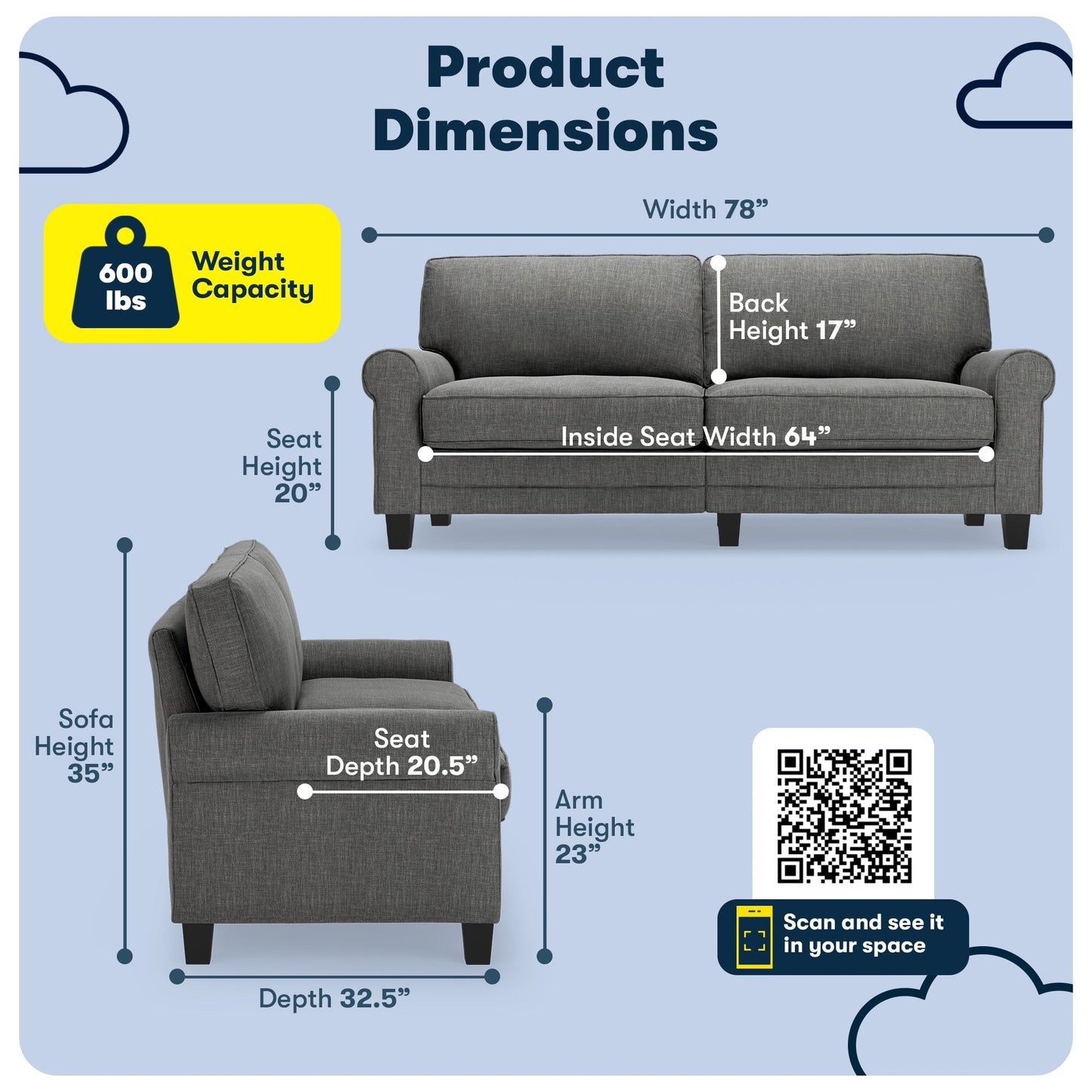 Serta Copenhagen 78 Rolled Arm Sofa, Easy Care Polyester, Soft Pillow Back, Pocket Coil Seat Cushions