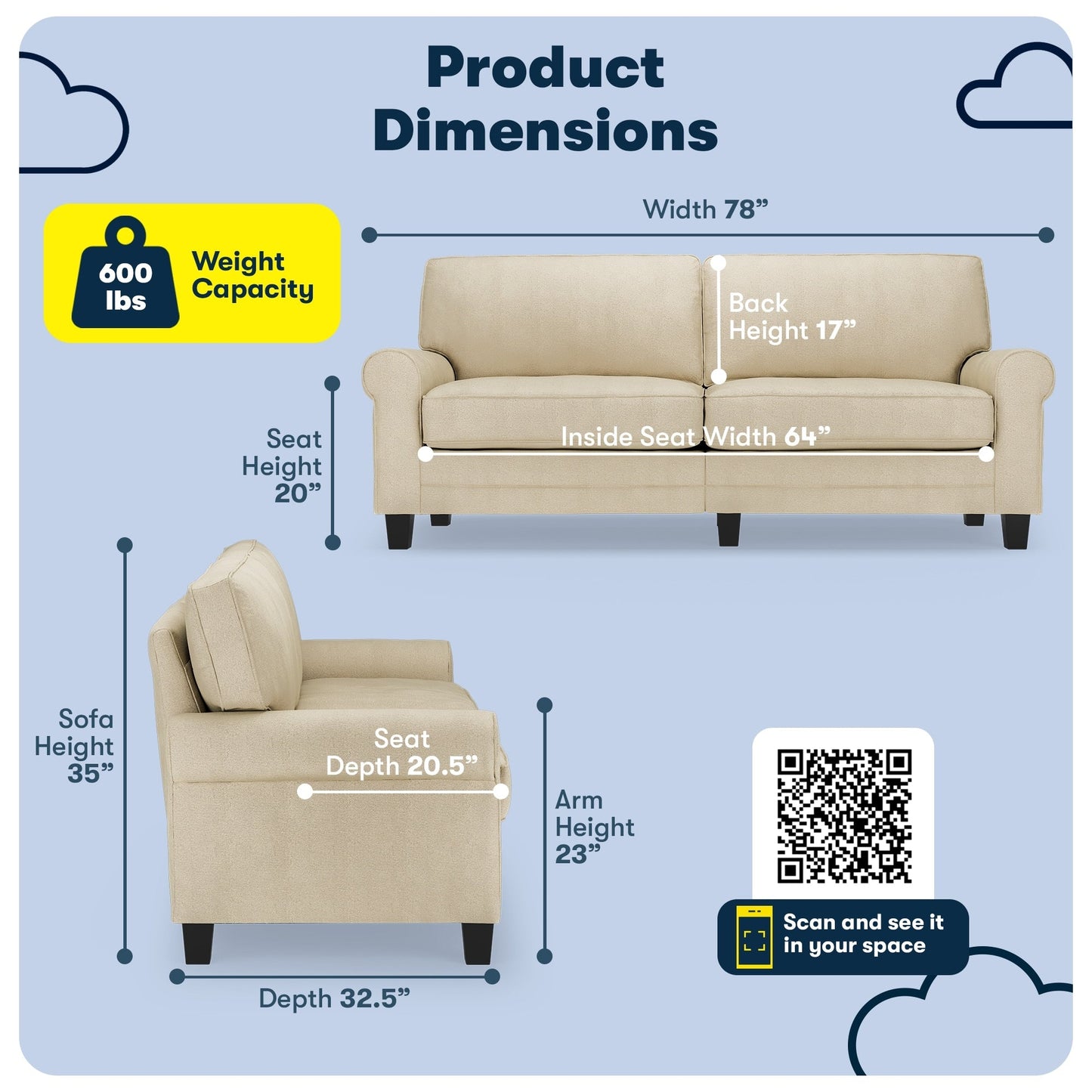 Serta Copenhagen 78 Rolled Arm Sofa, Easy Care Polyester, Soft Pillow Back, Pocket Coil Seat Cushions