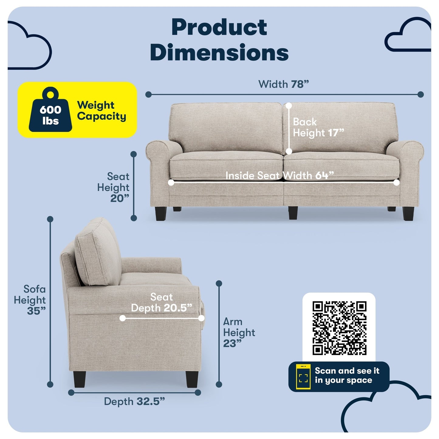 Serta Copenhagen 78 Rolled Arm Sofa, Easy Care Polyester, Soft Pillow Back, Pocket Coil Seat Cushions