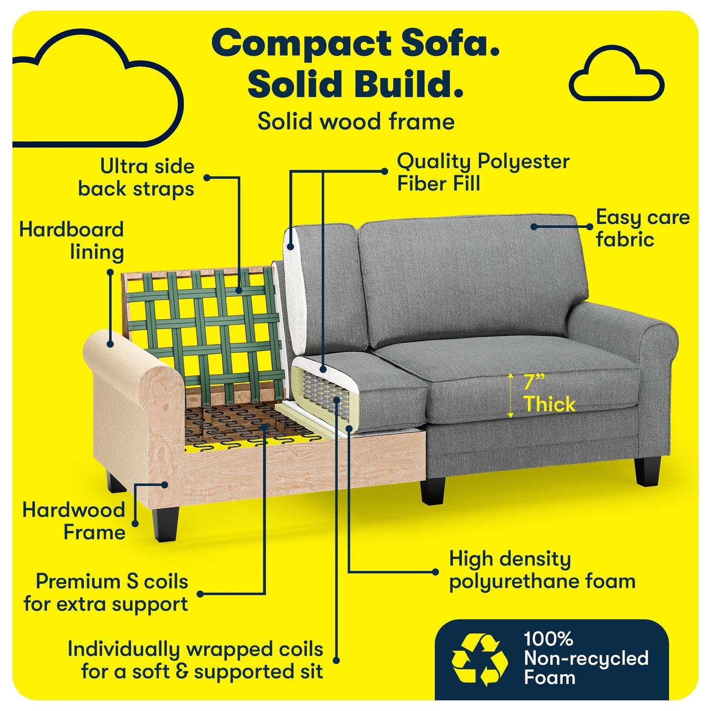 Serta Copenhagen 78 Rolled Arm Sofa, Easy Care Polyester, Soft Pillow Back, Pocket Coil Seat Cushions