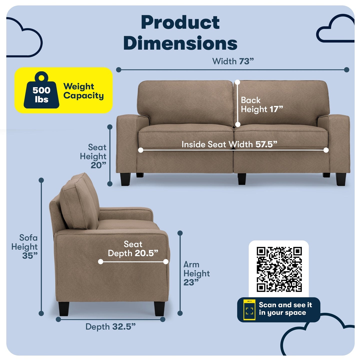 Serta Palisades 73 Track Arm Sofa, Easy Care Polyester, Soft Pillow Back, Pocket Coil Seat Cushions