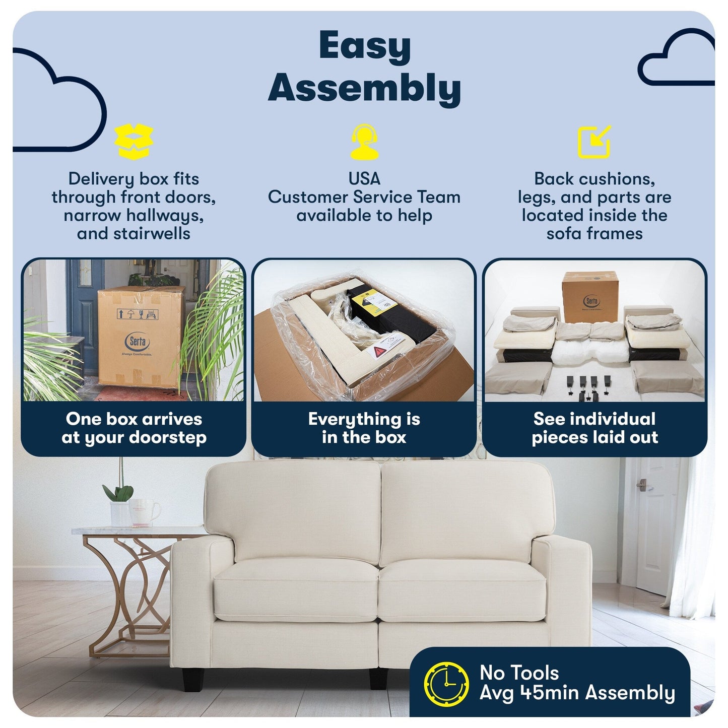 Serta Palisades 73 Track Arm Sofa, Easy Care Polyester, Soft Pillow Back, Pocket Coil Seat Cushions