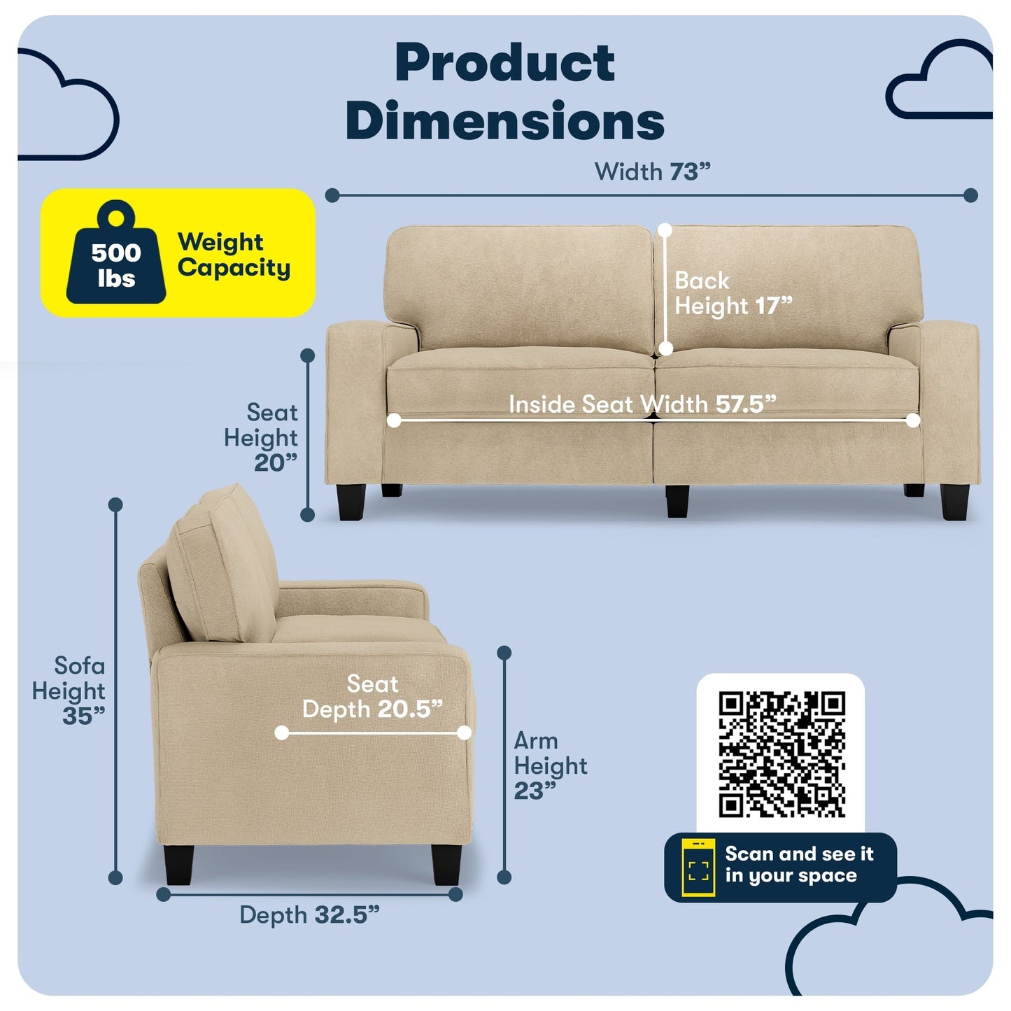 Serta Palisades 73 Track Arm Sofa, Easy Care Polyester, Soft Pillow Back, Pocket Coil Seat Cushions