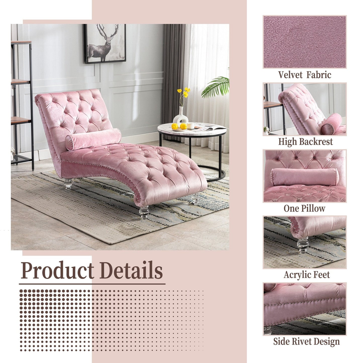 Velvet Tufted Chaise Lounge Chair Ergonomic S Shape Recliner with Pillow, Nailhead Trim and Acrylic Legs for Indoor Use