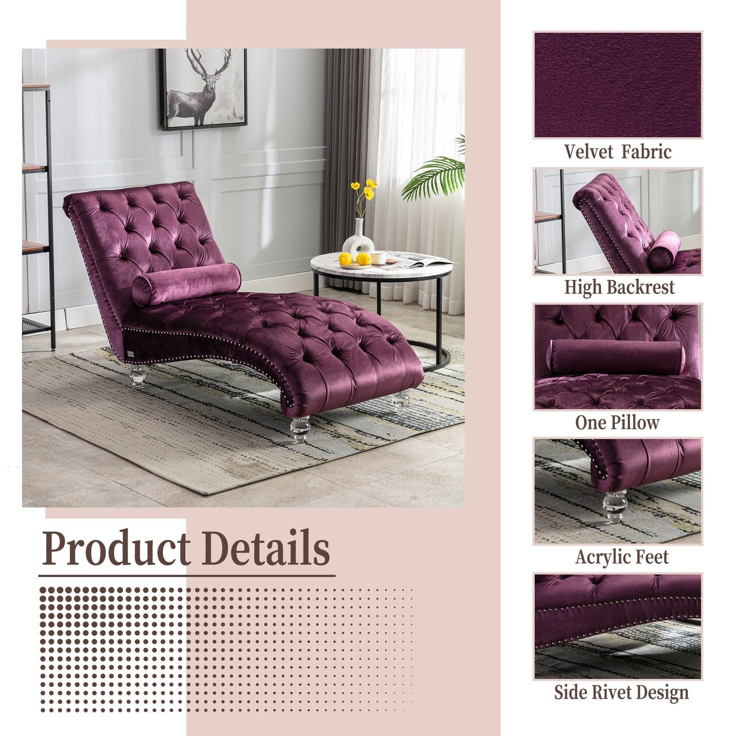 Velvet Tufted Chaise Lounge Chair Ergonomic S Shape Recliner with Pillow, Nailhead Trim and Acrylic Legs for Indoor Use