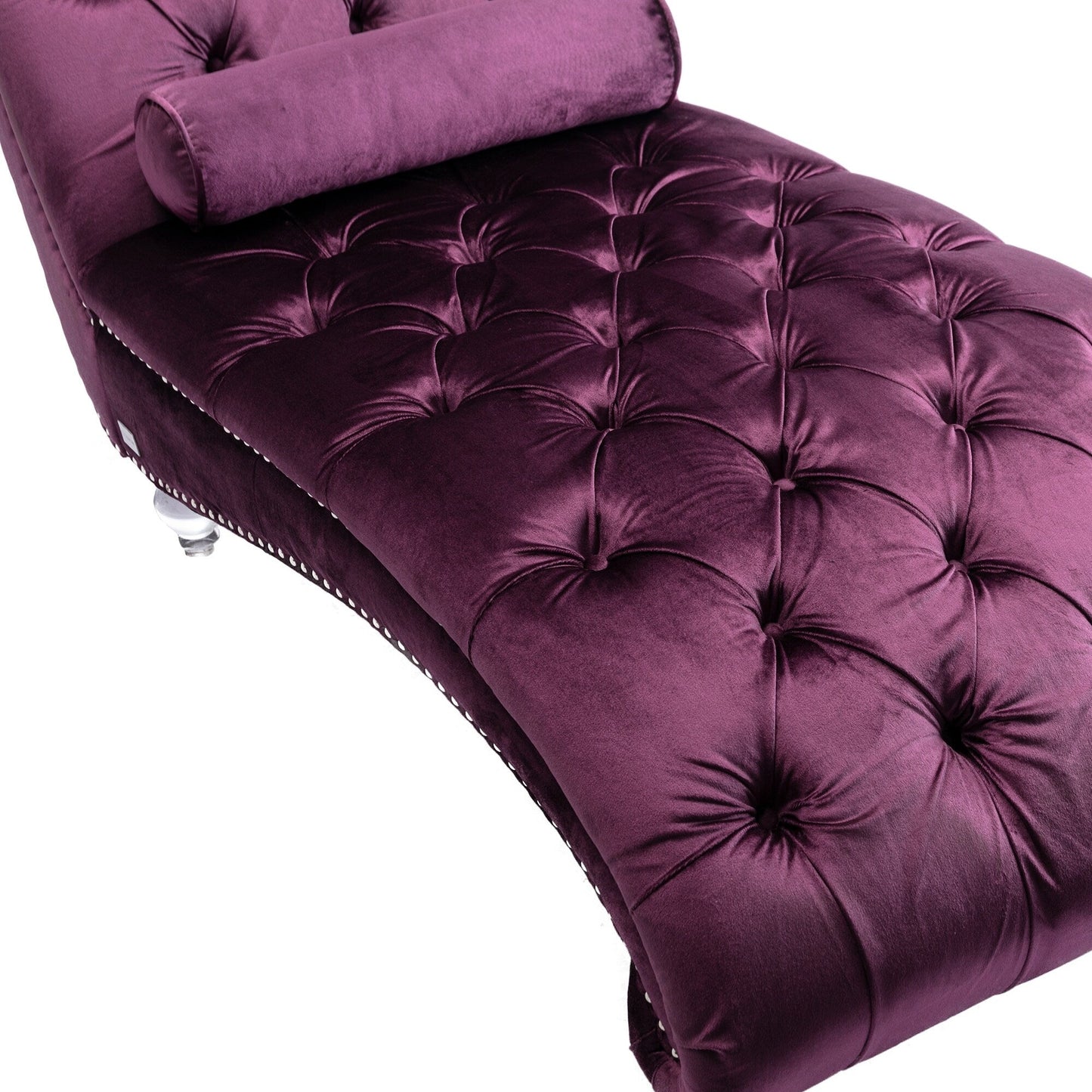 Velvet Tufted Chaise Lounge Chair Ergonomic S Shape Recliner with Pillow, Nailhead Trim and Acrylic Legs for Indoor Use