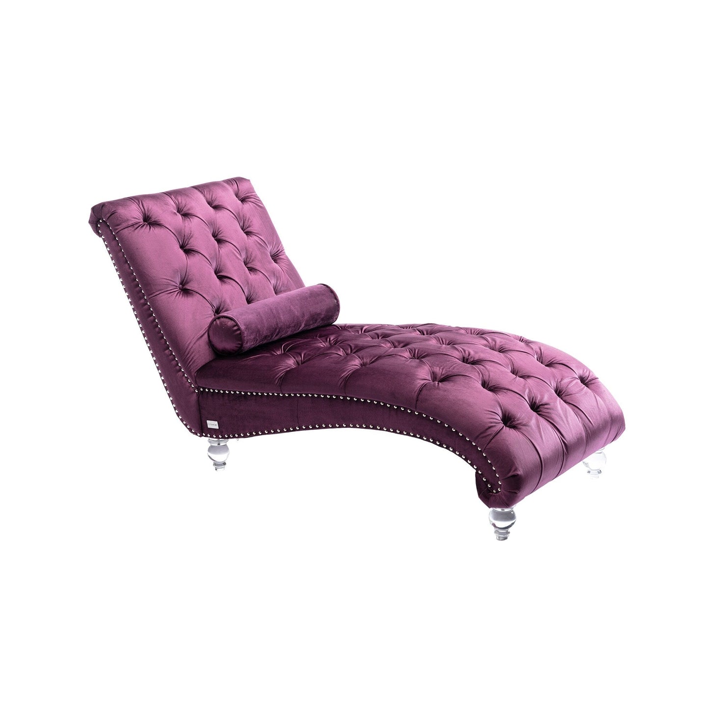 Velvet Tufted Chaise Lounge Chair Ergonomic S Shape Recliner with Pillow, Nailhead Trim and Acrylic Legs for Indoor Use