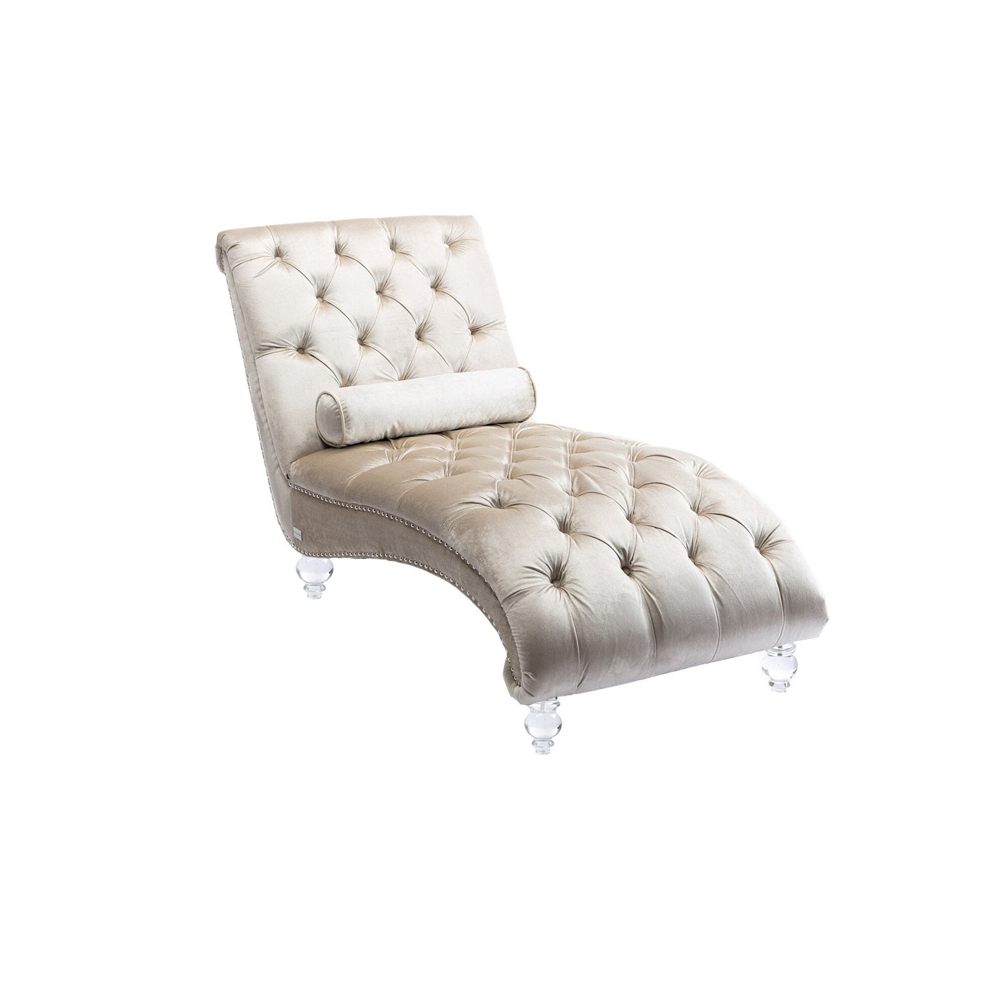 Velvet Tufted Chaise Lounge Chair Ergonomic S Shape Recliner with Pillow, Nailhead Trim and Acrylic Legs for Indoor Use