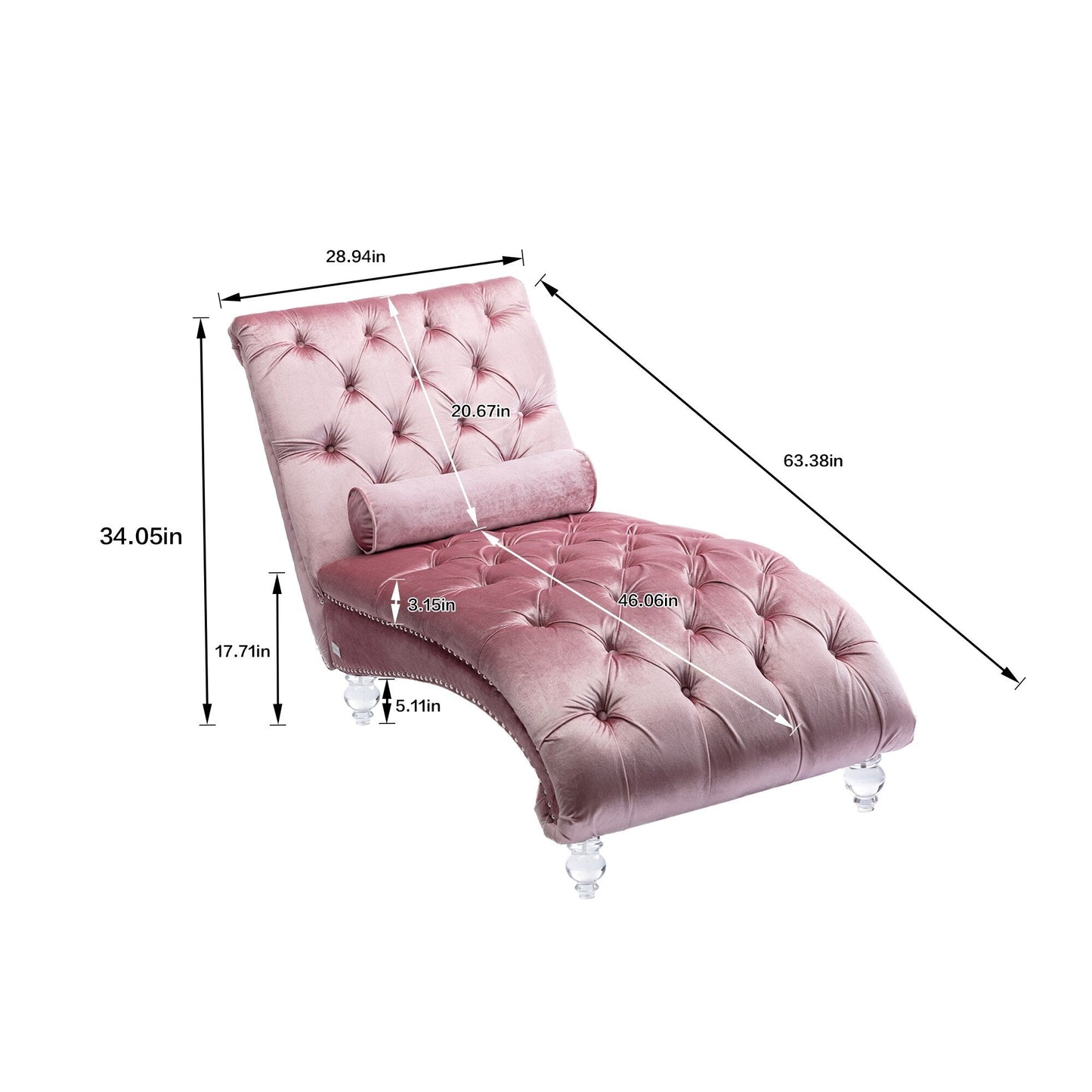 Velvet Tufted Chaise Lounge Chair Ergonomic S Shape Recliner with Pillow, Nailhead Trim and Acrylic Legs for Indoor Use