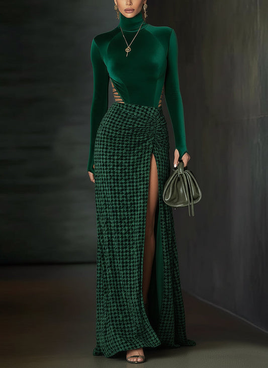 Emerald Velvet Houndstooth High Slit Maxi Dress
