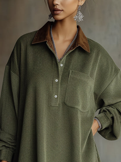 Green Corduroy Mini Dress With Brown Collar Detail
