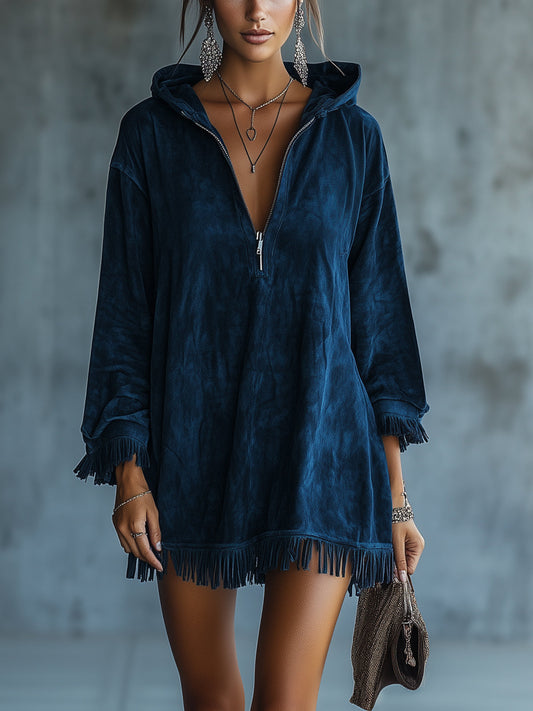 Blue Boho Chic Hooded Fringed Faux Suede Dress