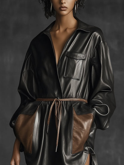 Black Faux Leather Belted Tunic Dress With Brown Accents