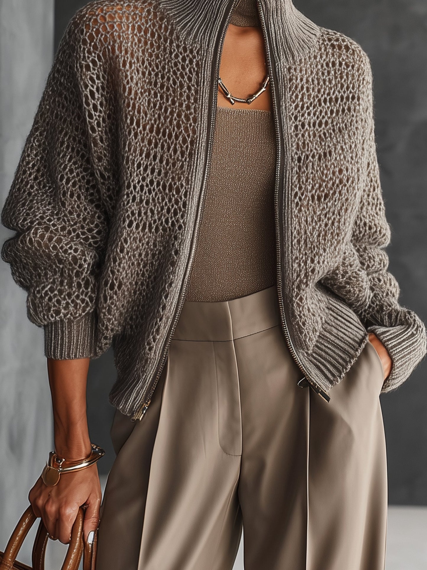 Taupe Mohair Knit Zippered Openwork Cardigan
