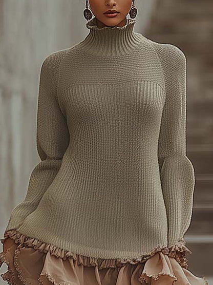 Olive Green Knitted Mini Dress With Lace Bottom Ruffles