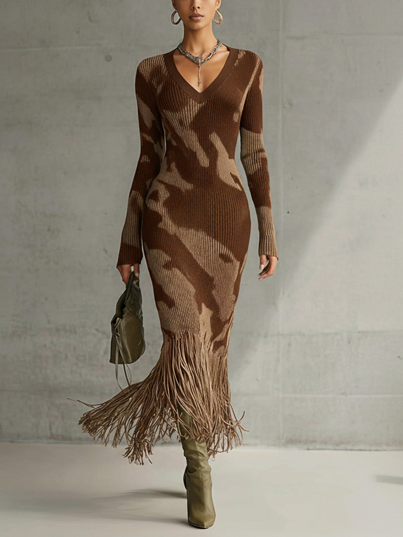 Olive Camo Knit V-Neck Fringe Hem Bodycon Dress