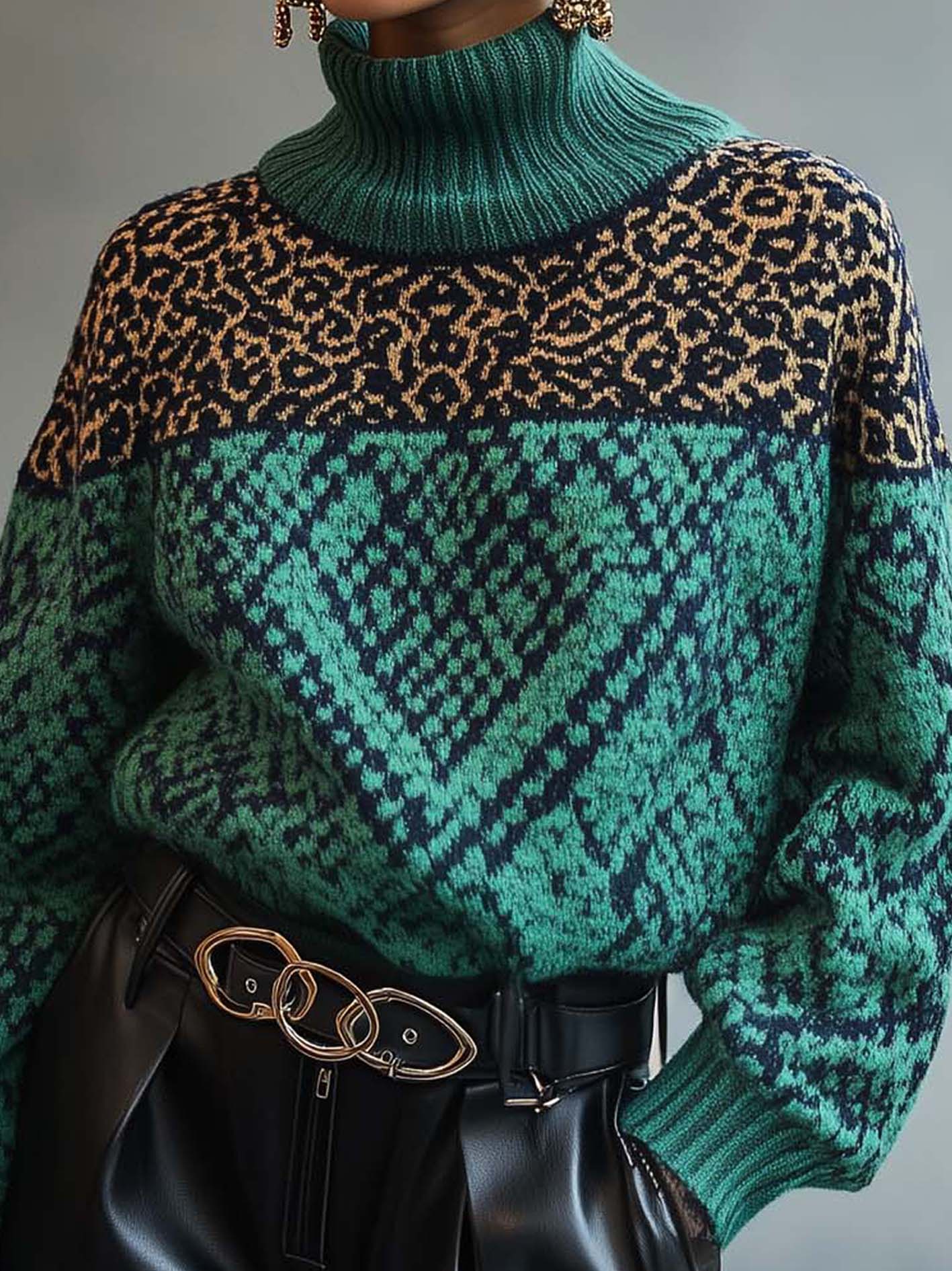 Turtleneck Cyan Sweater With Retro Pattern