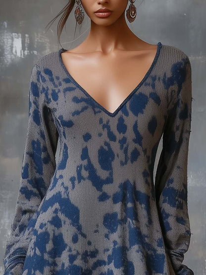 Gray Knitted Mini Dress With Dark Blue Camouflage And Ruffles