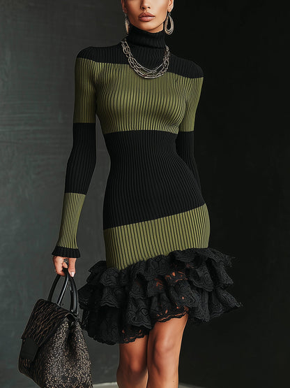 Olive Green And Black Rib Knit High Neck Ruffle Hem Mini Dress