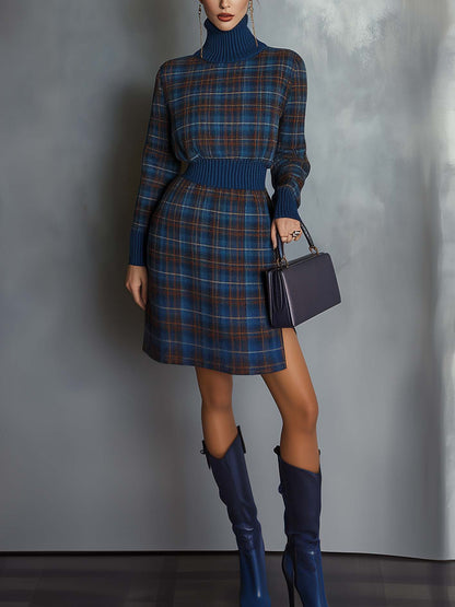 Blue Knitted Mini Dress With High Neckline And Plaid Pattern