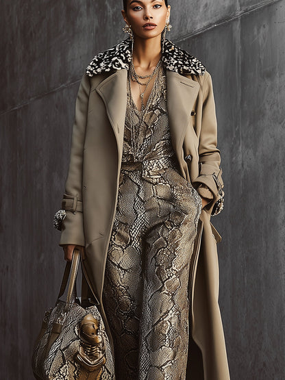 Light Brown Classic Wool Blend Coat With Detachable Animal Print Eco Fur Collar