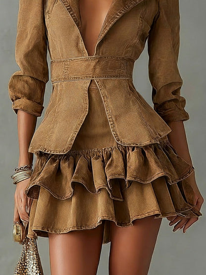 Vintage Brown Washed Cotton Ruffle Lapel Midi Sleeve Mini Dress