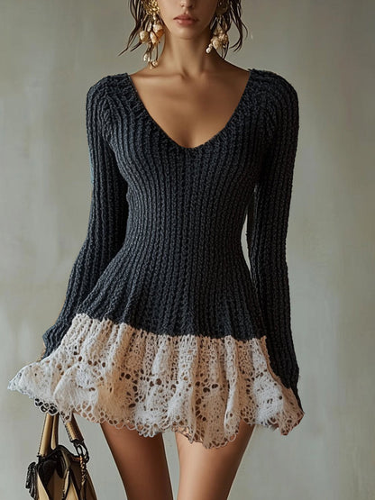 Black Chic Knit And Lace Contrast Dress