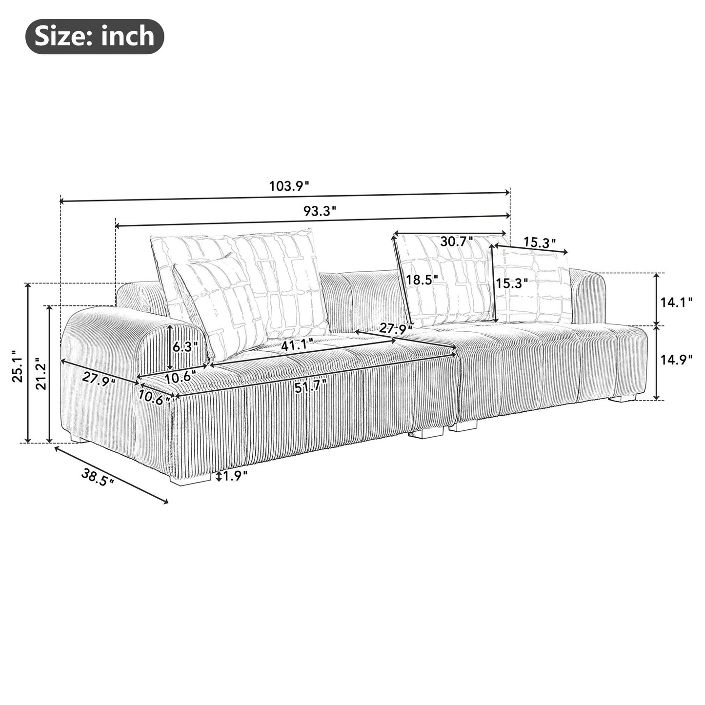 Comfy Corduroy Upholstered Sofa with Wood Legs and Pillows - 38.50 x 103.90 x 25.10