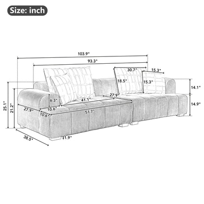 Comfy Corduroy Upholstered Sofa with Wood Legs and Pillows - 38.50 x 103.90 x 25.10