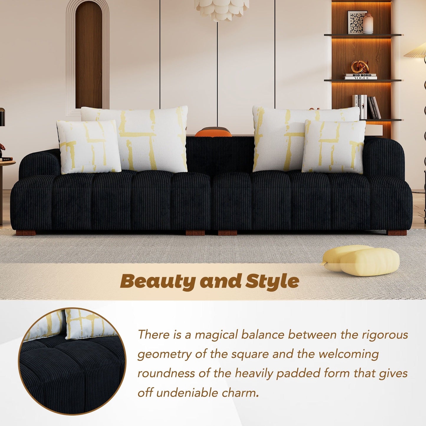 Comfy Corduroy Upholstered Sofa with Wood Legs and Pillows - 38.50 x 103.90 x 25.10