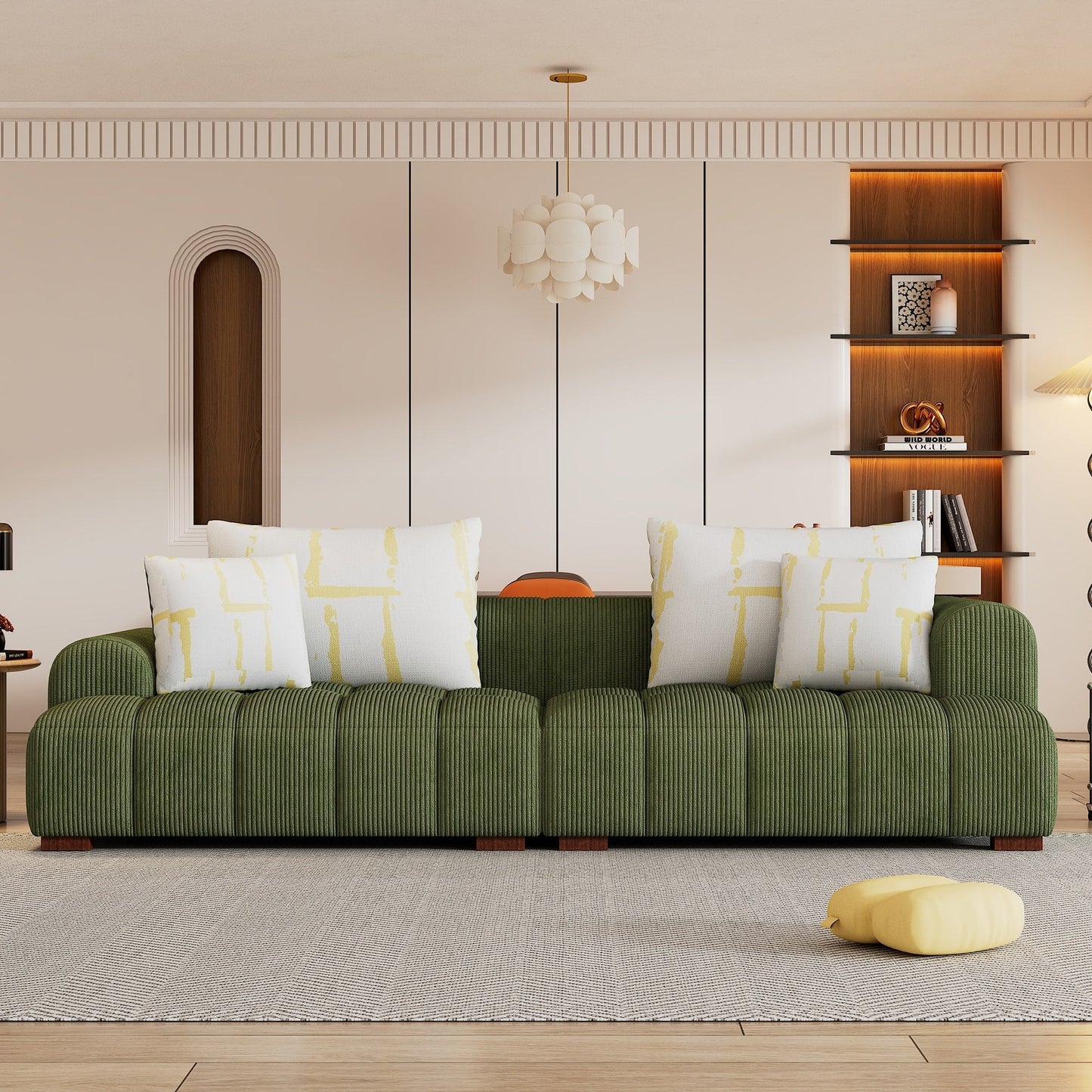 Comfy Corduroy Upholstered Sofa with Wood Legs and Pillows - 38.50 x 103.90 x 25.10