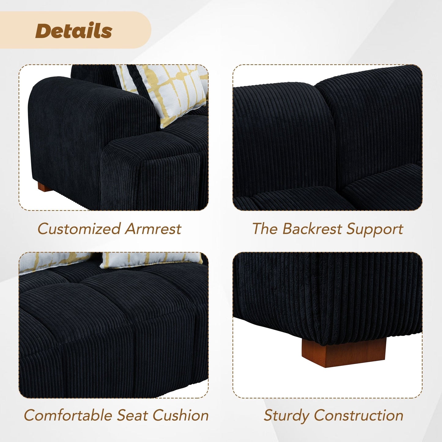 Comfy Corduroy Upholstered Sofa with Wood Legs and Pillows - 38.50 x 103.90 x 25.10