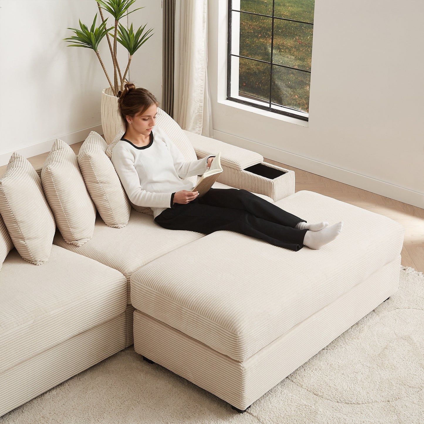 104-In Oversized Large Corduroy L Shaped Sofa with Chaise