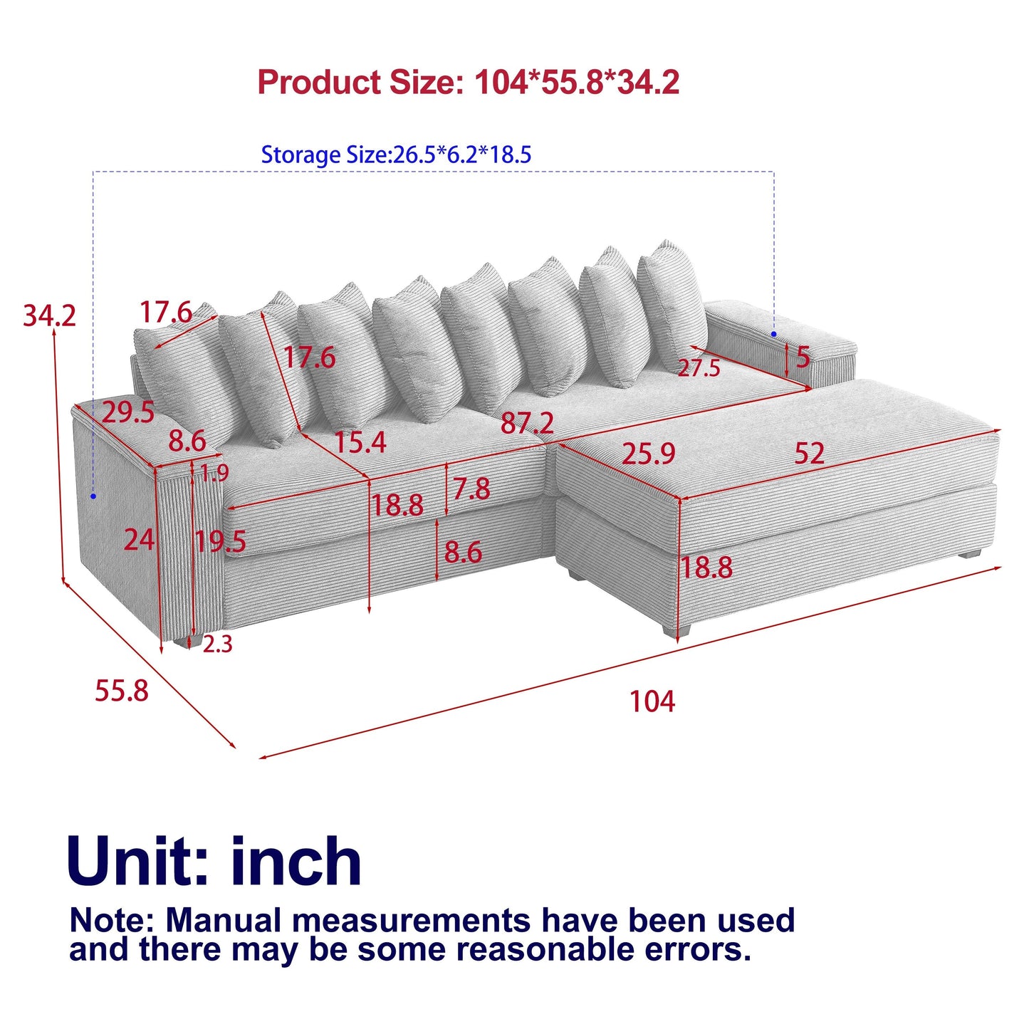 104-In Oversized Large Corduroy L Shaped Sofa with Chaise