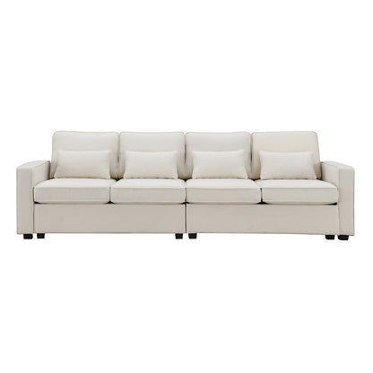 104 4-Seater Modern Linen Fabric Sofa with Armrest Pockets and 4 Pillows