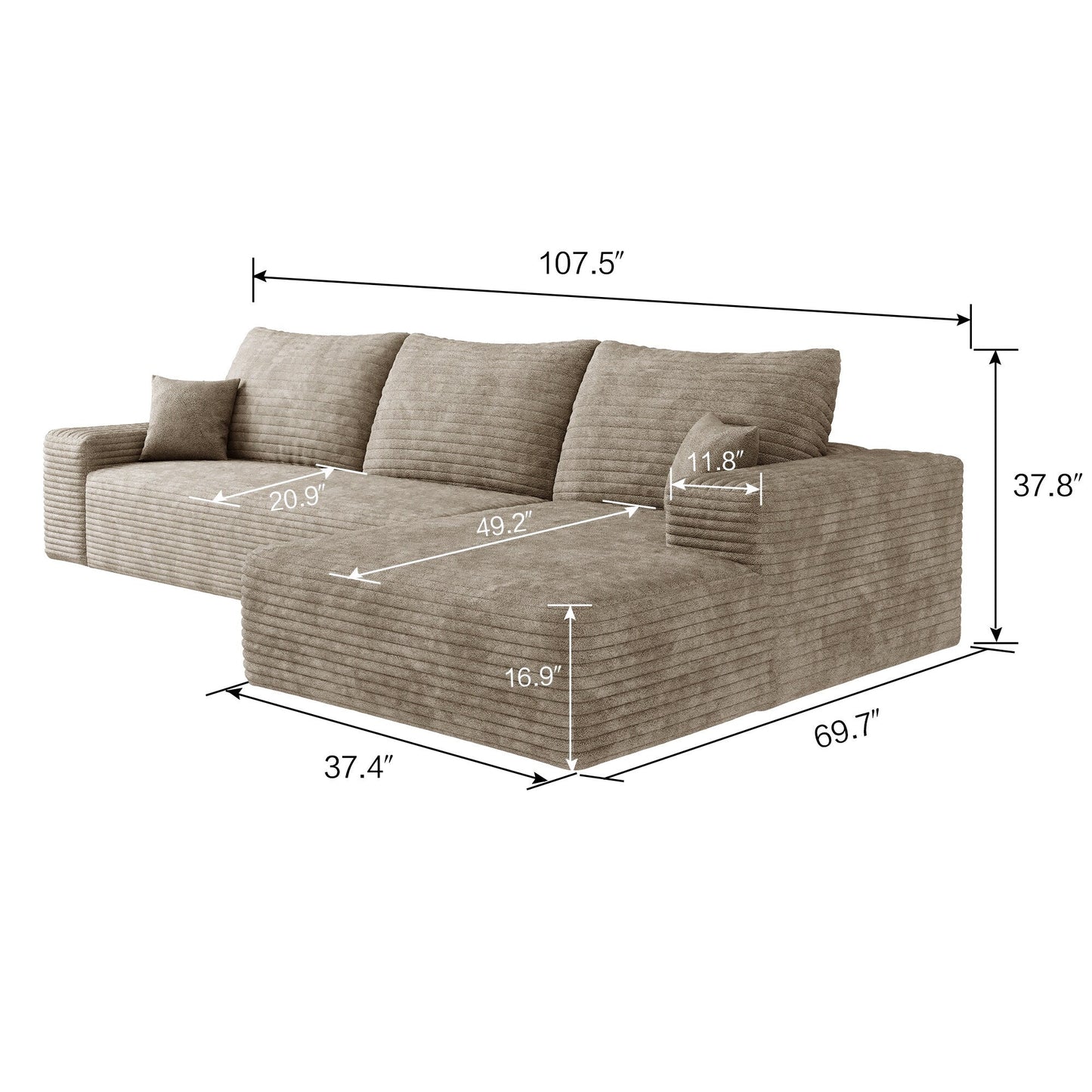 107-Inch Modular Corduroy Sectional Sofa with Chaise and Deep Seating for Living Room Bedroom