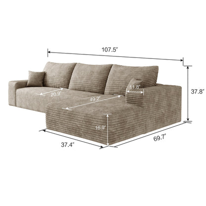 107-Inch Modular Corduroy Sectional Sofa with Chaise and Deep Seating for Living Room Bedroom